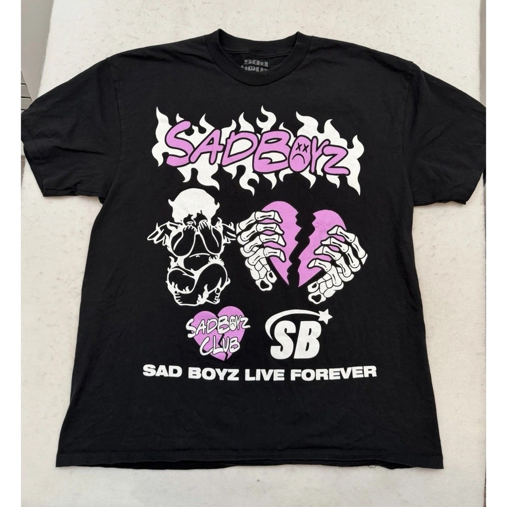Sad Boyz T Shirt Mens Sz XL Black/Pink Sad Boyz Live Forever Double Sided Emo‎
